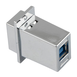 USB3.0转接头/耦合器，ECF法兰式接线板安装，A型母头/B型母头，镀铬屏蔽层ABS外壳，银色的图片